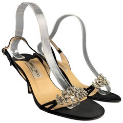 JIMMY CHOO Größe 8,5 Schwarze Satin-Sandalen mit Slingback-Verzierung