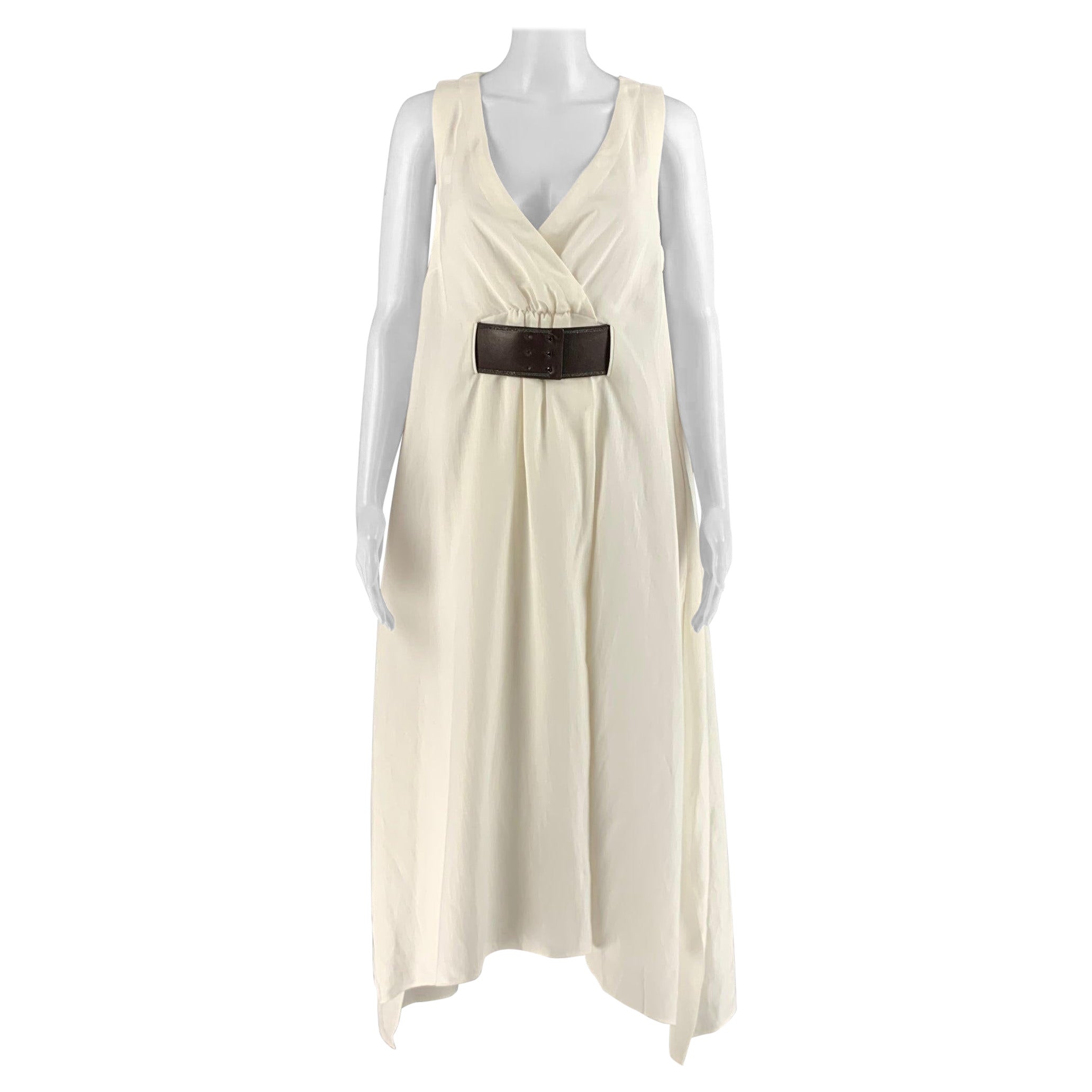 BRUNELLO CUCINELLI Taglia S White Brown Viscosa Linen Belted Dress in vendita