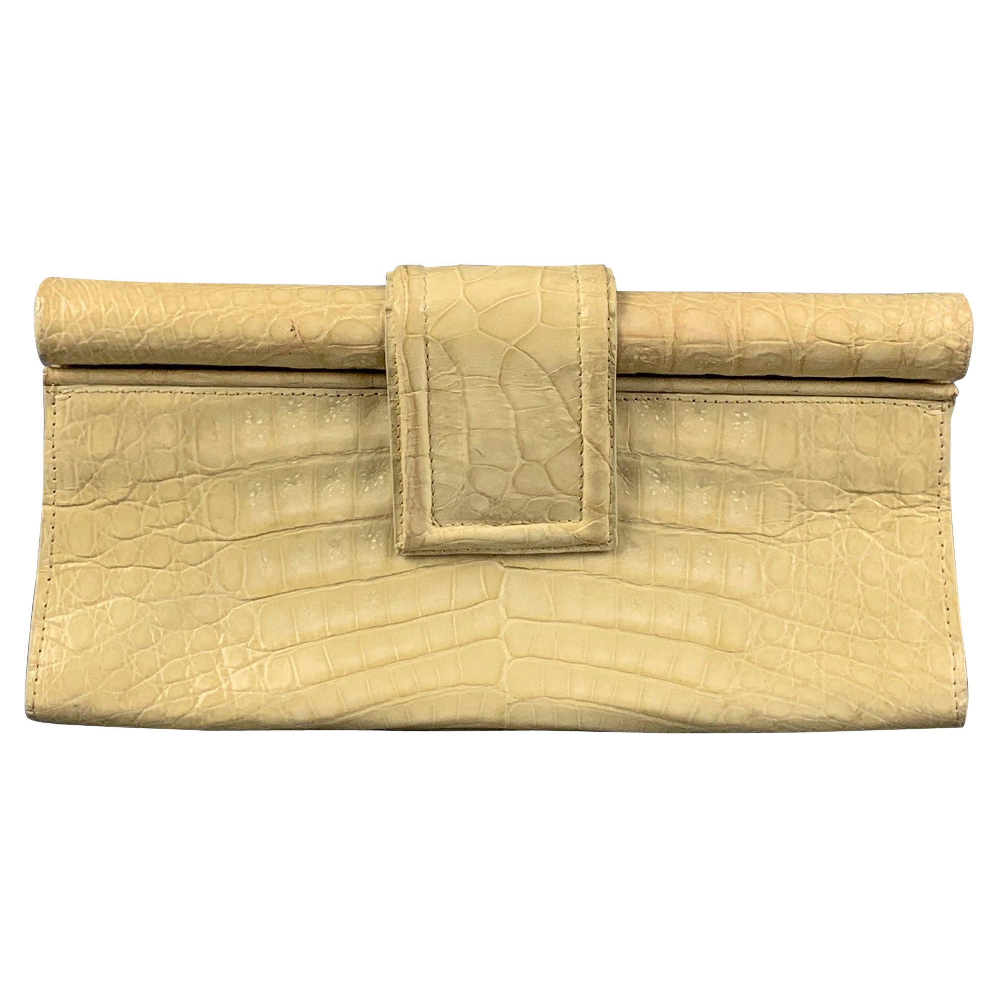 NANCY GONZALEZ Beige Leather Crocodile Clutch Handbag
