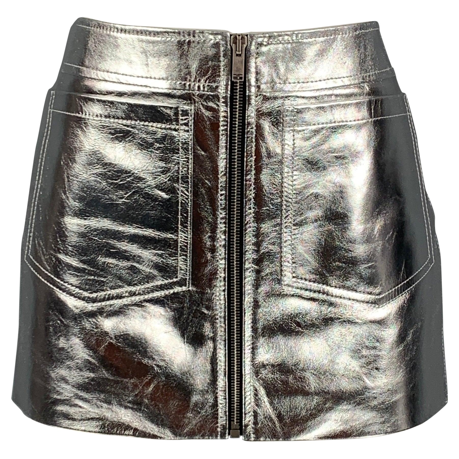 SAINT LAURENT 2022 Size 4 Silver Leather High Waist Mini Skirt For Sale