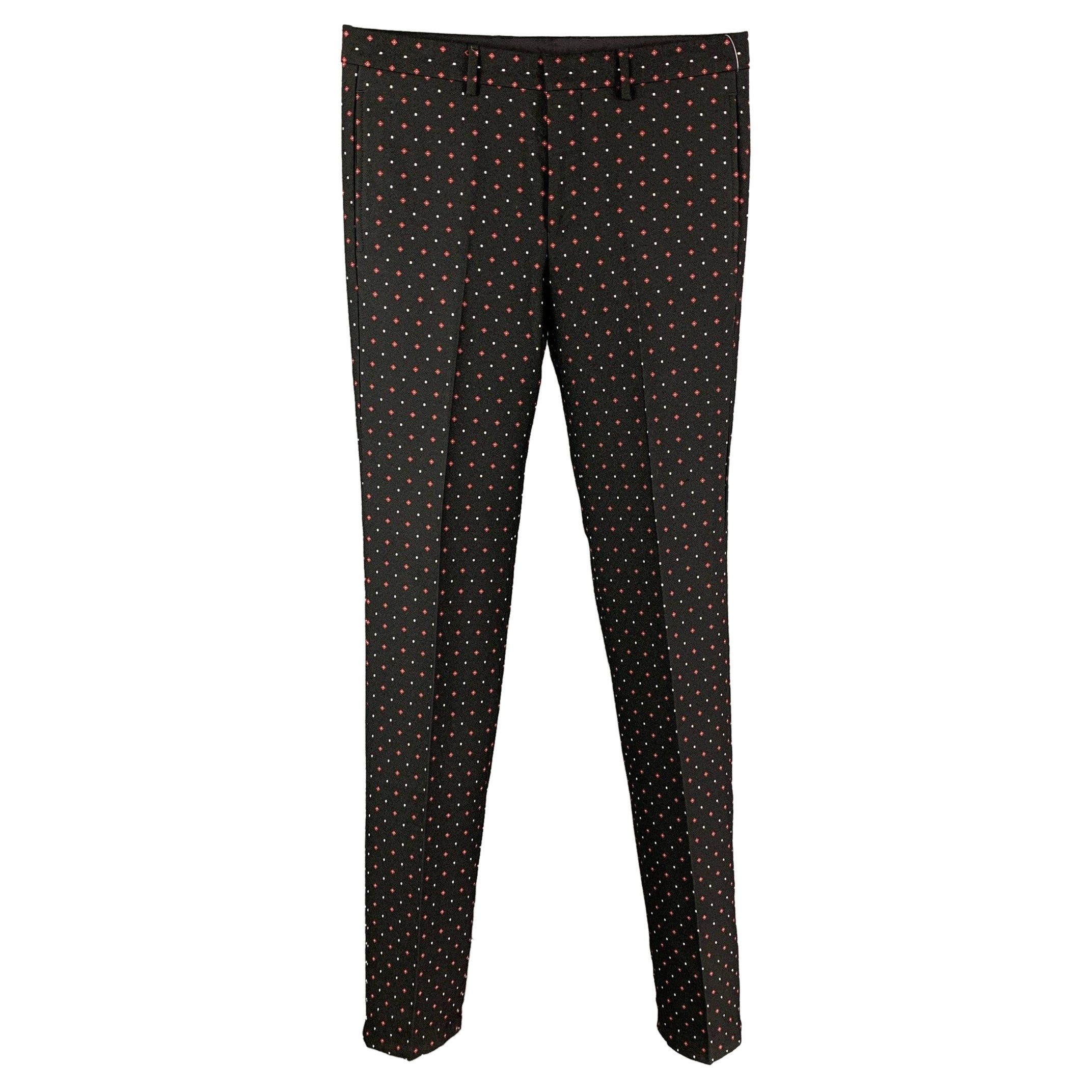 GIVENCHY Taglia 32 Nero Rosso Stampa Rombo in Lana Miscela Zip Fly Dress Pants in vendita
