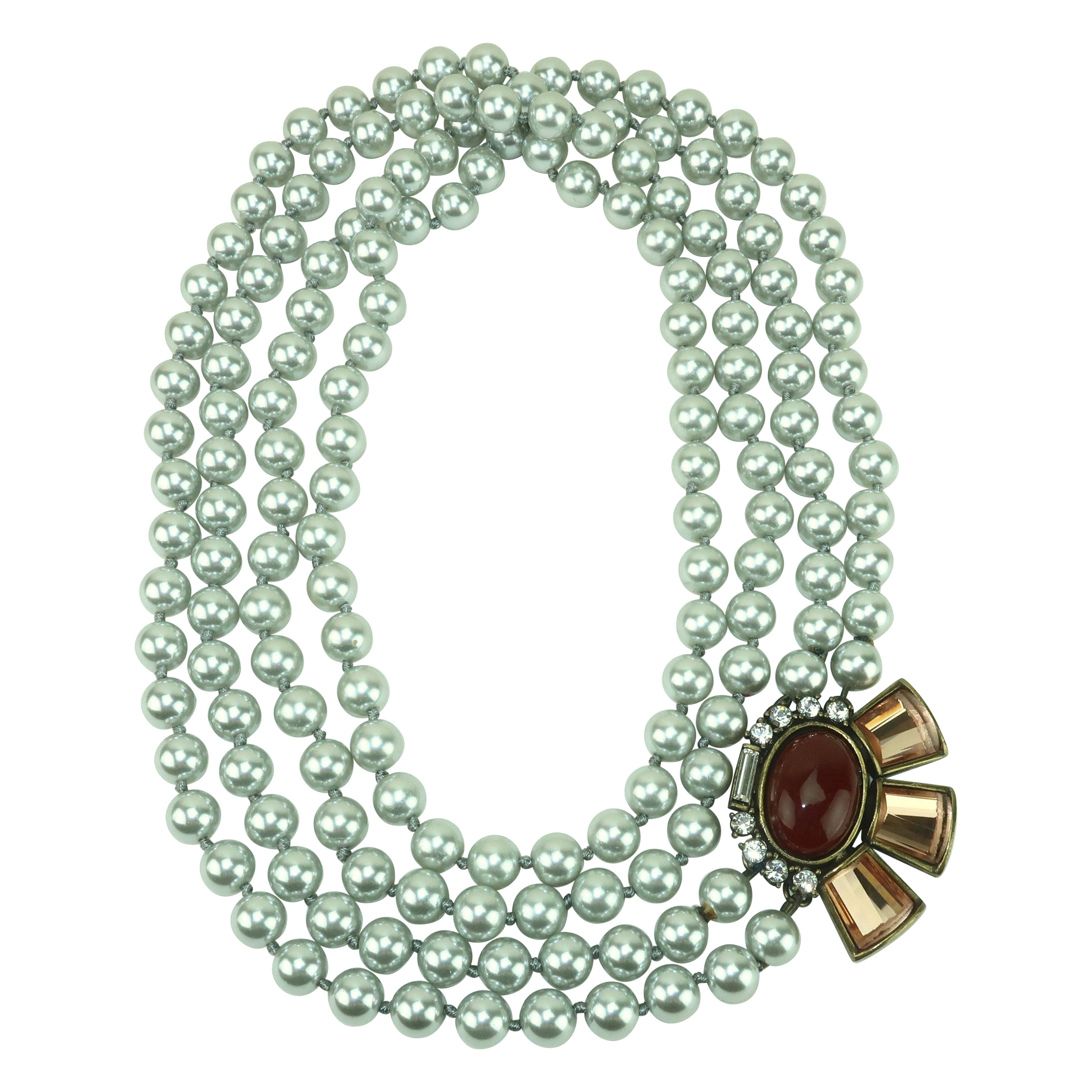 GERARD YOSCA Pearl Opera Length Necklace With Rhinestone Decoration For Sale