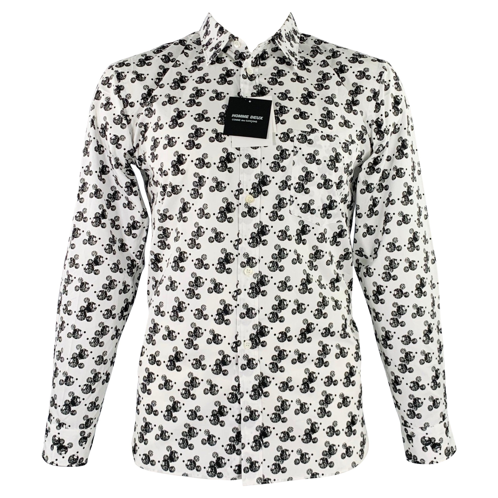 COMME des GARCONS HOMME Size L Mickey Mouse White Black Cotton Long Sleeve Shirt For Sale