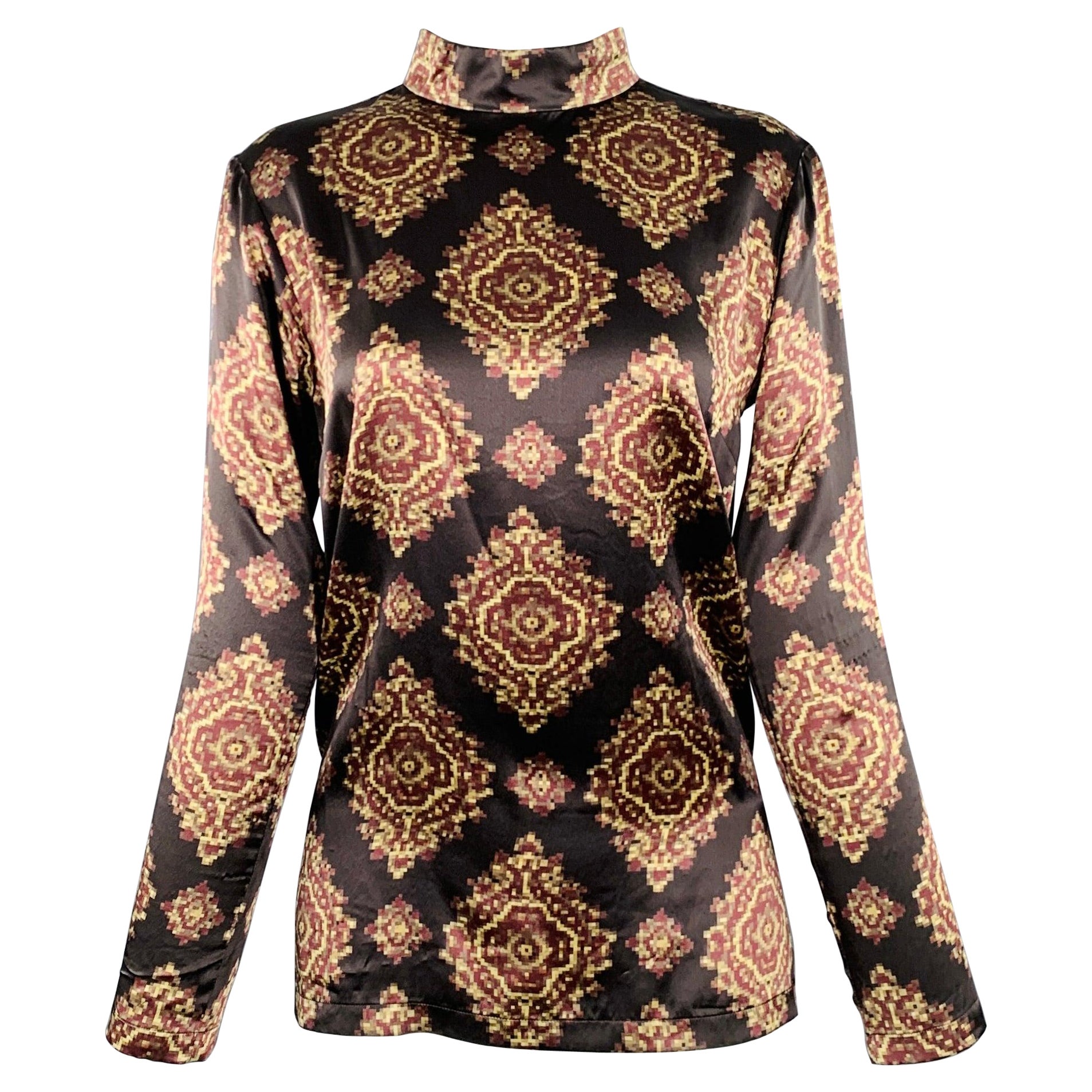 DRIES VAN NOTEN Size 4 Black Yellow Brown Silk Abstract Long Sleeve Dress Top For Sale