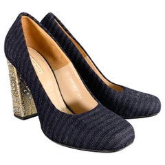 DRIES VAN NOTEN Size 7 Navy Silver Stripe Rhinestone Chunky Heel Pumps