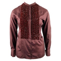 DRIES VAN NOTEN Size L Brown Burgundy Silk Beaded French Cuff Shirt