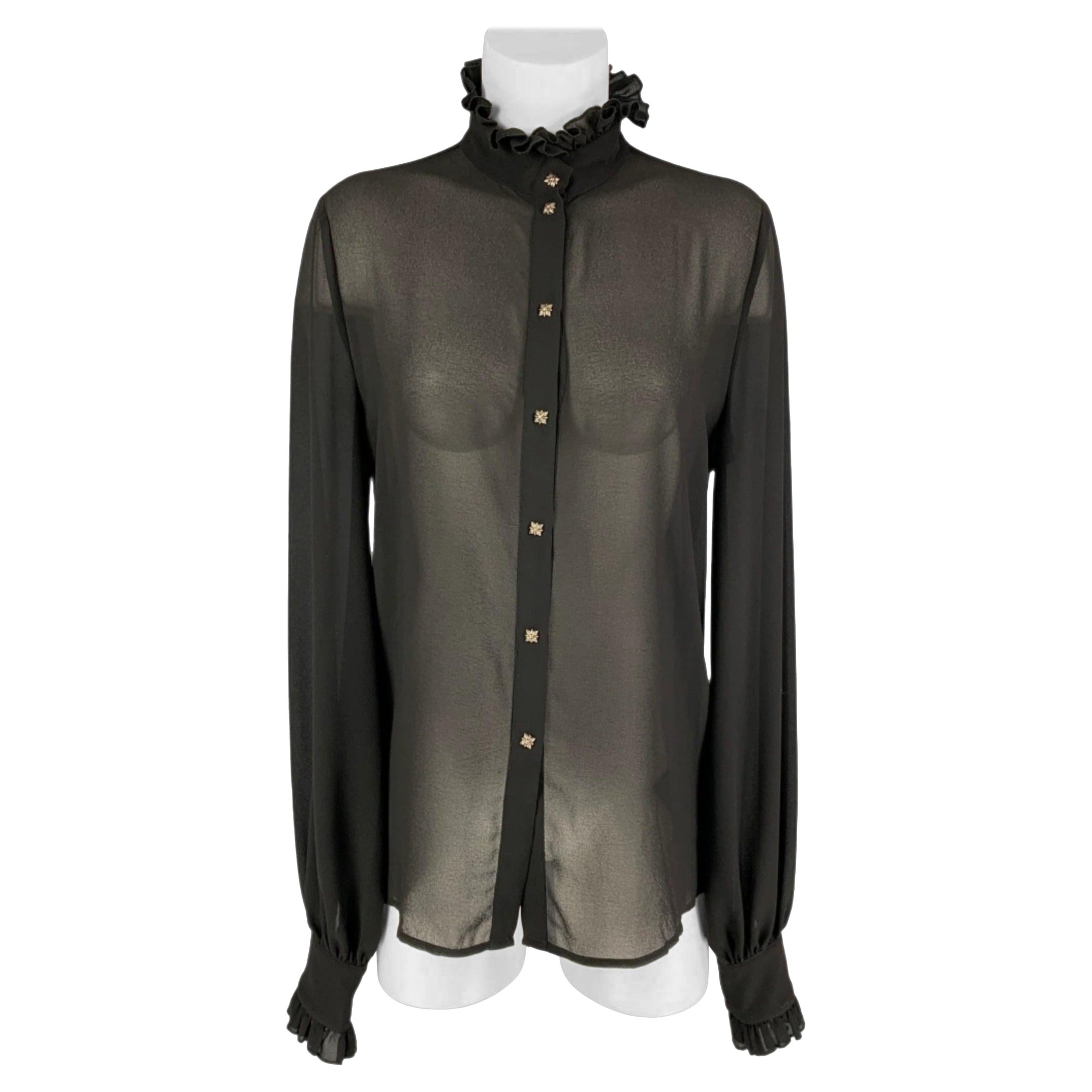 JOHN RICHMOND Size 6 Black Polyester Ruffled High Collar Blouse For Sale