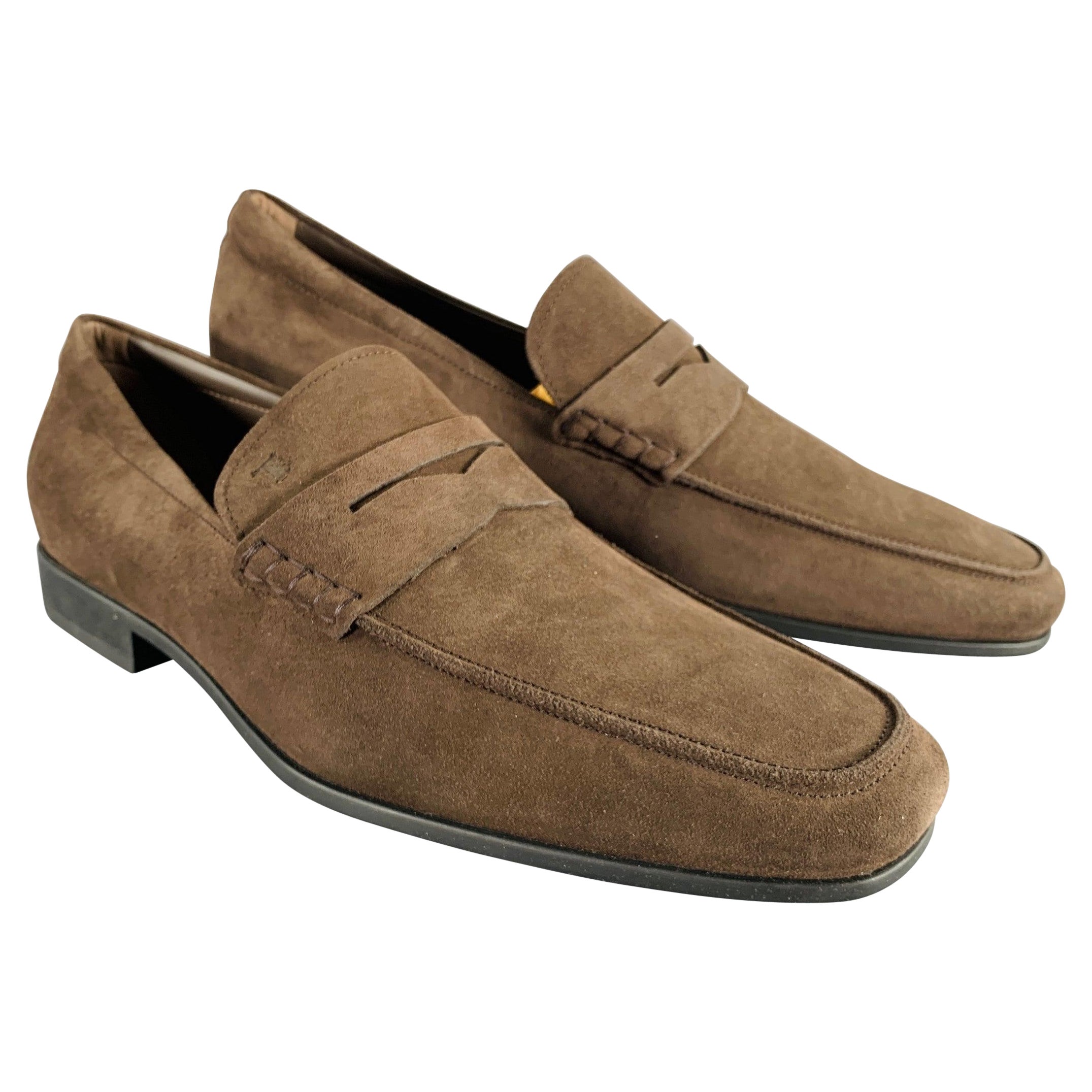 TOD'S Size 11 Dark Brown Suede Penny Loafers For Sale