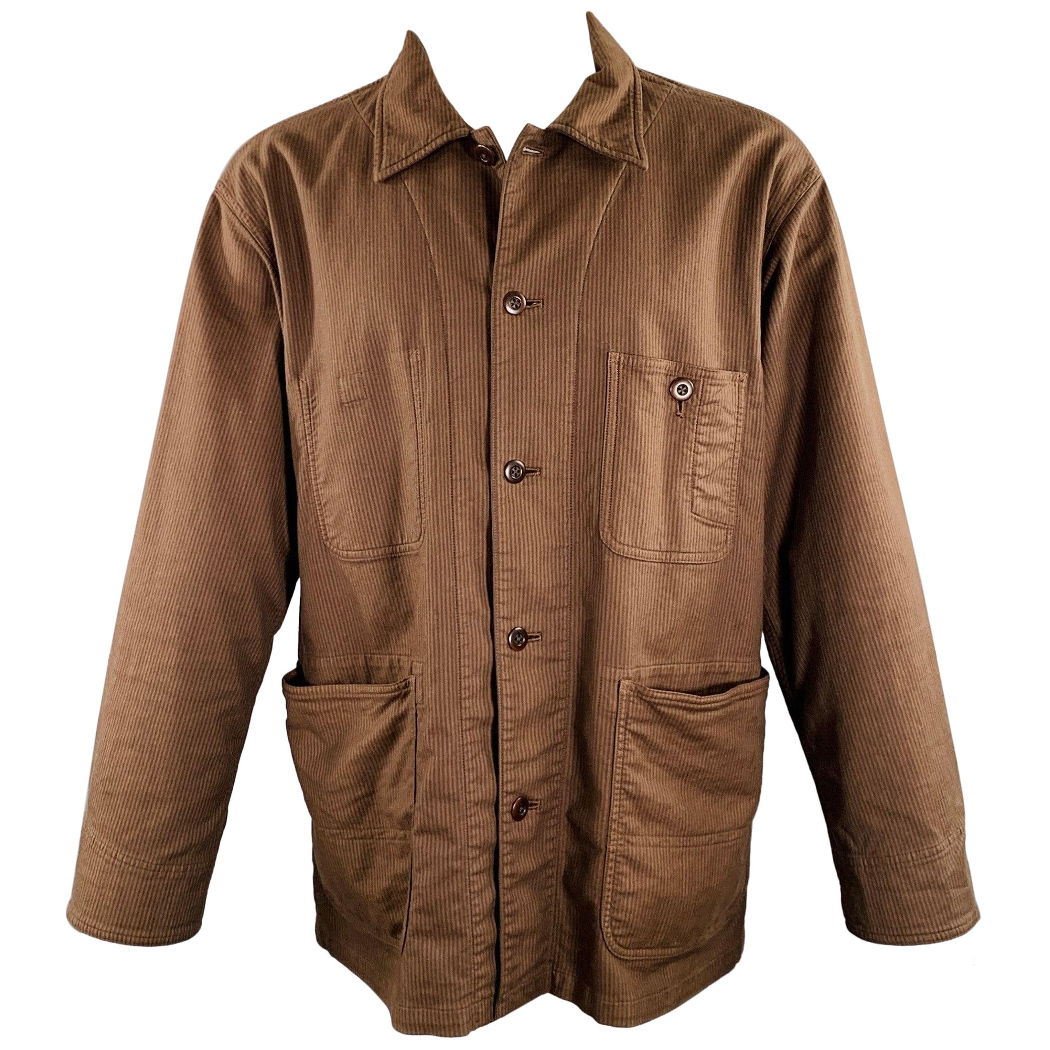 TS (S) Size M Brown Stripe Cotton Blend Oversized French Chore Jacket For Sale
