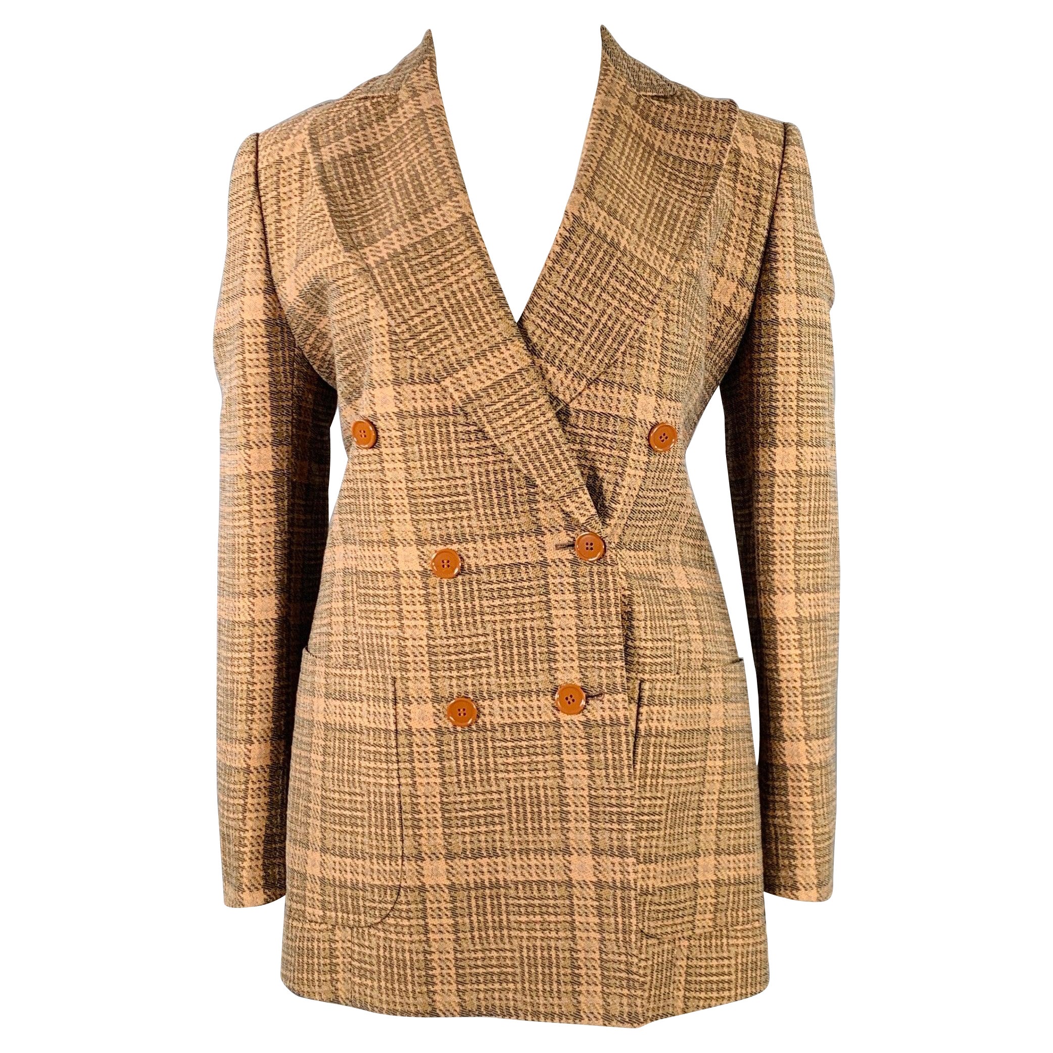 Dries van Noten Taglia 10 Marrone Ruggine Cotone Lino Miscela Plaid Giacca Blazer