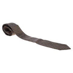 Lanvin Vintage Brown Diagonal Striped Embroidered Traditional Silk Tie