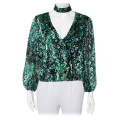 Alice + Olivia Green Animal Printed Devore Faux Wrap Choker Detail Top L