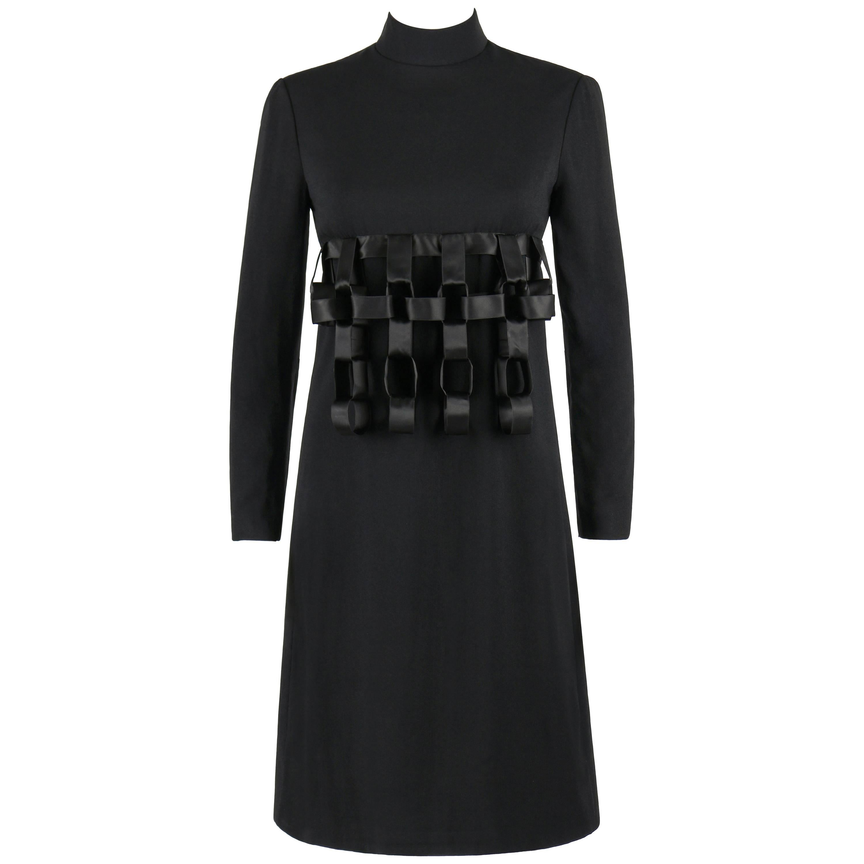 GEOFFREY BEENE c.1960's Black Wool Three Dimensional Ribbon Chain Cage Dress For Sale