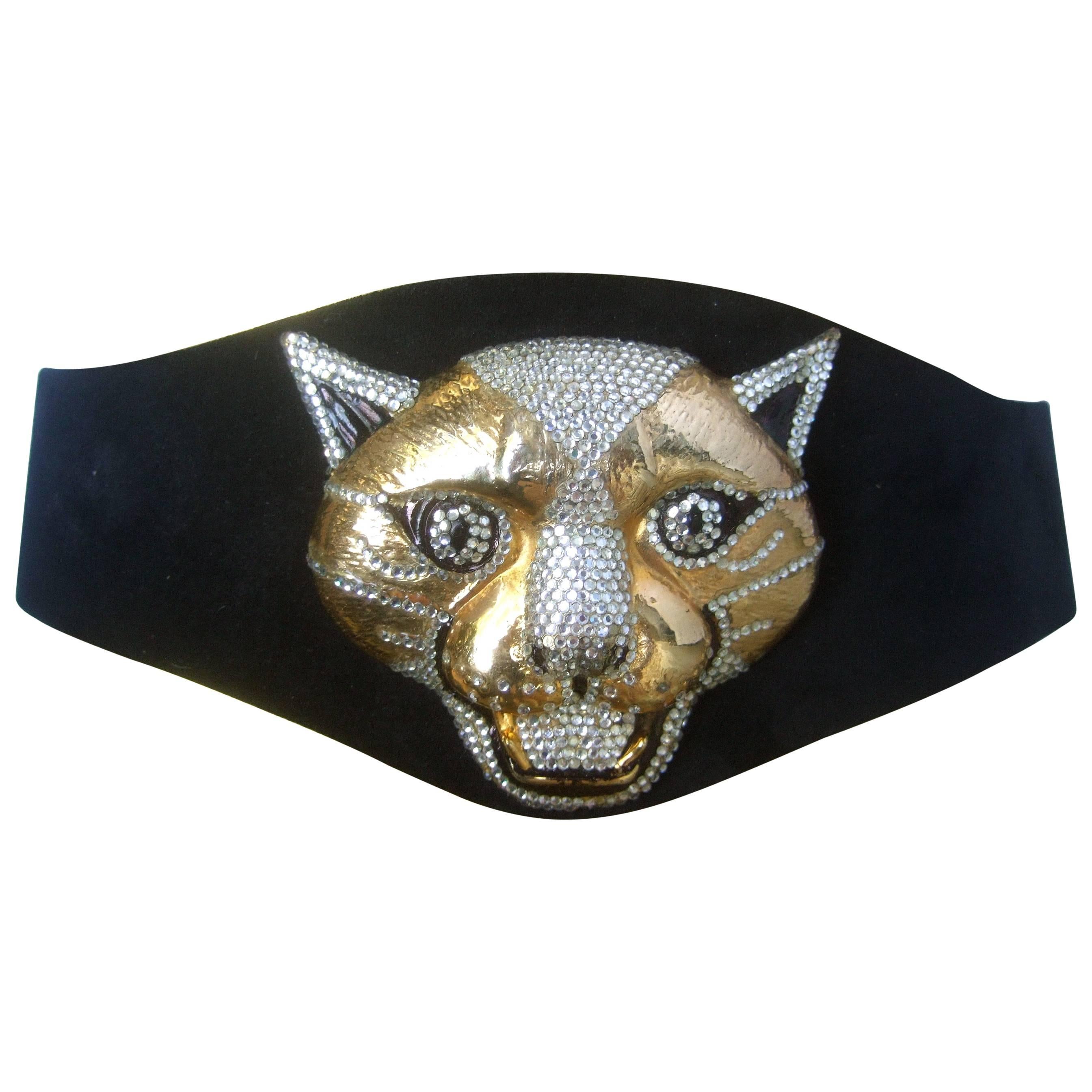 Spectacular Massive Jeweled Suede Panther Buckle Belt c 1970 For Sale