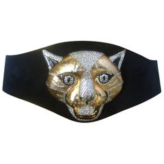 Retro Spectacular Massive Jeweled Suede Panther Buckle Belt c 1970