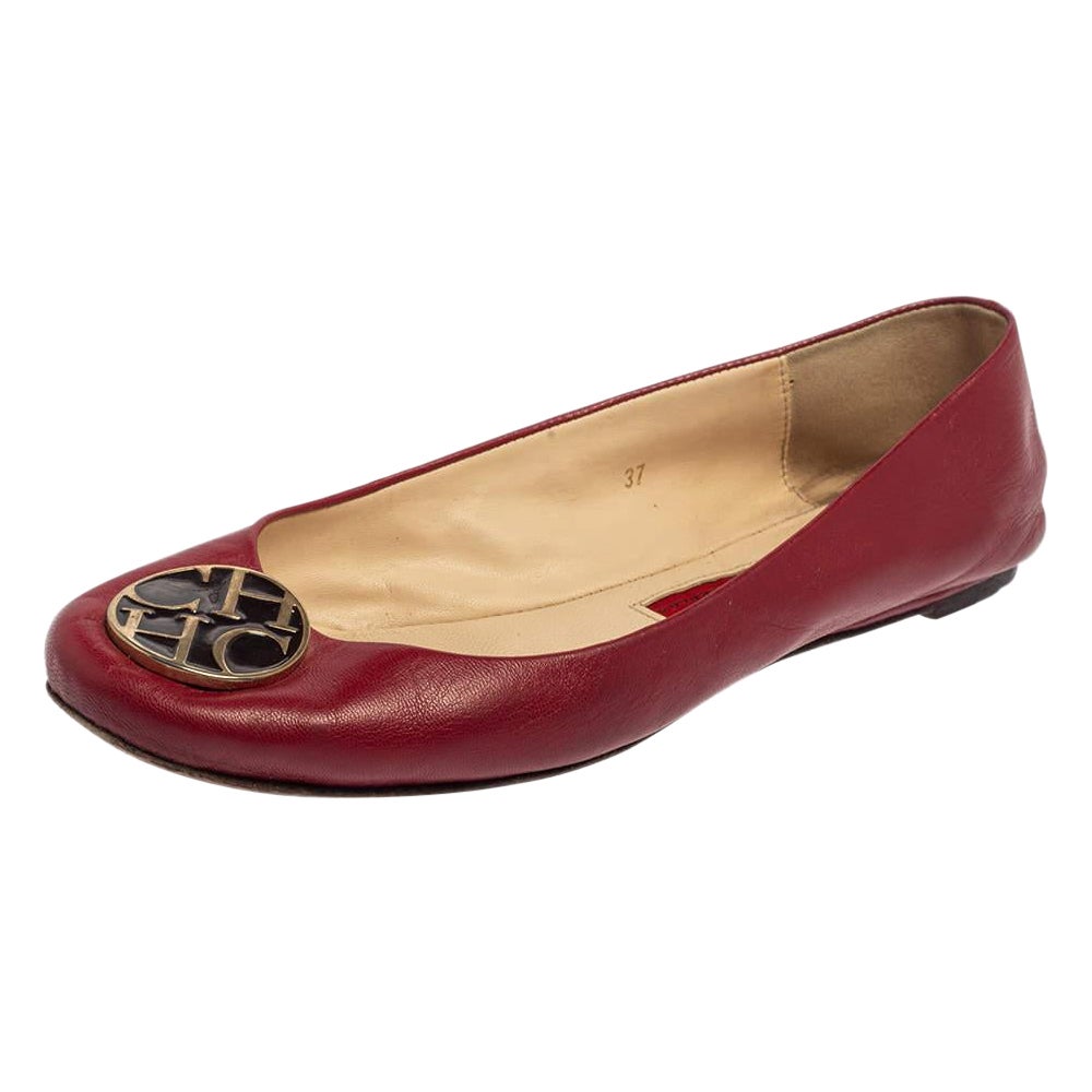 Ch Red CH Carolina Herrera Red Leather Logo Ballet Flats Size 37 For Sale at ...