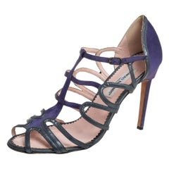 Manolo Blahnik Purple/Grey Leather And Satin Cage Sandals Size 40