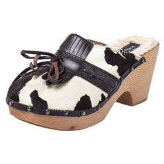 Dolce & Gabbana Brown Calf Hair & Leather Bow Fringe Detail Wooden Clogs Size 39