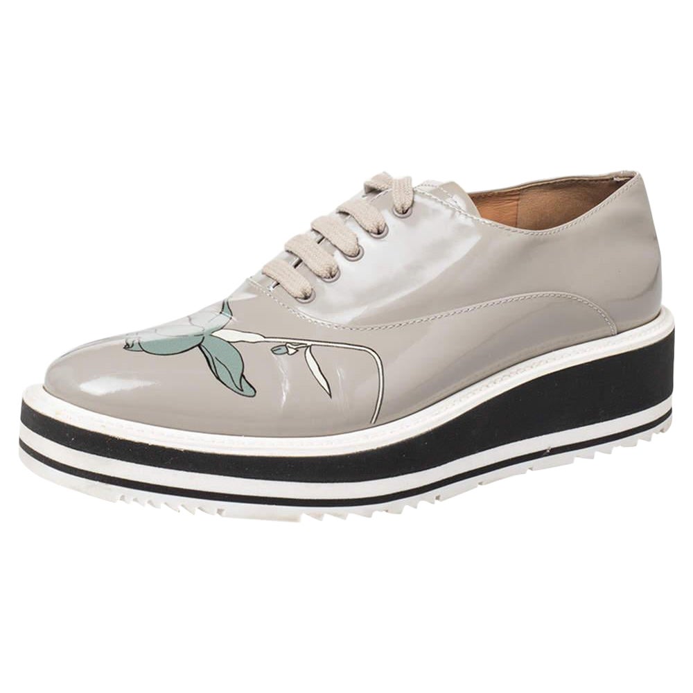 Prada Grey Leather Flower Print Platform Lace Up Oxford Size 38