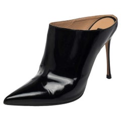 Sergio Rossi Black Glazed Leather Pointed Toe Mules Size 40