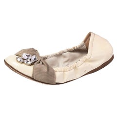 Miu Miu Cream Patent Leather Crystal Embellished Scrunch Ballet Flats Size 36