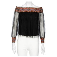 Alice + Olivia Black Embroidered Tulle Off-Shoulder Blouse XS