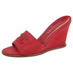 Chanel Red Canvas CC Wedge Slide Sandals Size 38.5