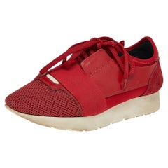 Balenciaga Red Mesh Leather and Suede Race Runner Low Top Sneakers Size 38