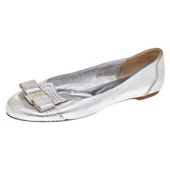 Salvatore Ferragamo Silver Leather Vara Bow Ballet Flats 37.5