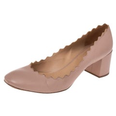 Chloe Beige Leather Lauren Scallop Trim Block Heel Pumps Size 40.5