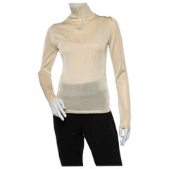 Max Mara Beige Sheer Lurex Knit Turtle Neck Long Sleeve Top M