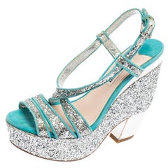 Miu Miu Turquoise Suede and Glitter Ankle Strap Platform Sandals Size 36