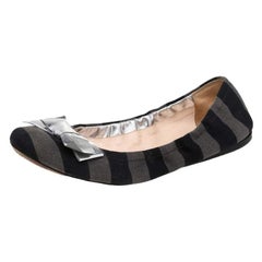 Prada Black/Silver Canvas And Leather Bow Scrunch Ballet Flats Size 38.5