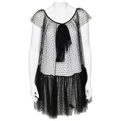 Moschino Black Tulle Ruffled Hem Bow Detail Sheer Mini Dress S