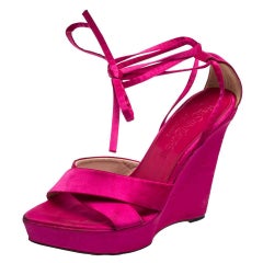 Saint Laurent Pink Satin Wedge Ankle Wrap Sandals Size 36