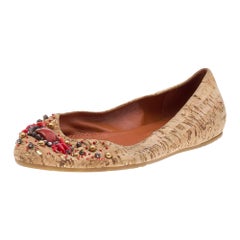 Oscar De La Renta Beige Cuero Adornado Pisos Talla 37.5