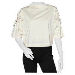Sportmax Off White Cotton Knit Sleeve Tie Detail Crop Top S. S. White