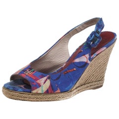 CH Carolina Herrera Printed Fabric Cork Wedge Peep Toe Slingback Sandals Size 39