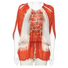 Roberto Cavalli Orange & White Printed Silk Drawstring Detail Kaftan Blouse S
