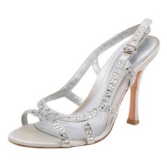 Sergio Rossi Silver Satin Crystal Embellished Slingback Sandals Size 36.5
