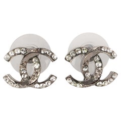 Chanel Silvery Metal CC Earring with Rhinestones, 2018