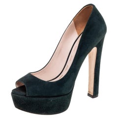 Miu Miu Dark Green Suede Peep Toe Platform Pumps Size 36