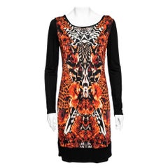 Roberto Cavalli Black and Orange Printed Jersey Long Sleeve Dress M
