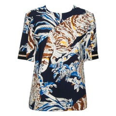 Stella McCartney Navy Blue Stretch Crepe Cat Print Blouse S