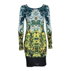Roberto Cavalli Yellow and Blue Printed Jersey Long Sleeve Crew Neck Dress M