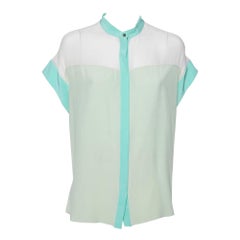 Roberto Cavalli Green and White Silk Short Sleeve Shirt M
