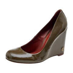 Tory Burch Olive Green Patent Leather Wedge Pumps Size 38