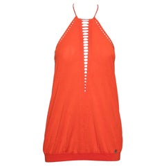 Roberto Cavalli Orange Knit Laser Cut Halter Neck Top M