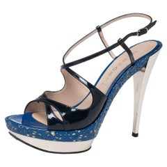 Casadei Navy Blue Patent Leather Laser-Cut Platform Strappy Sandals Size 41