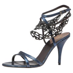 Roberto Cavalli Metallic Blue Leather Ankle Chain/Strap Sandals Size 38